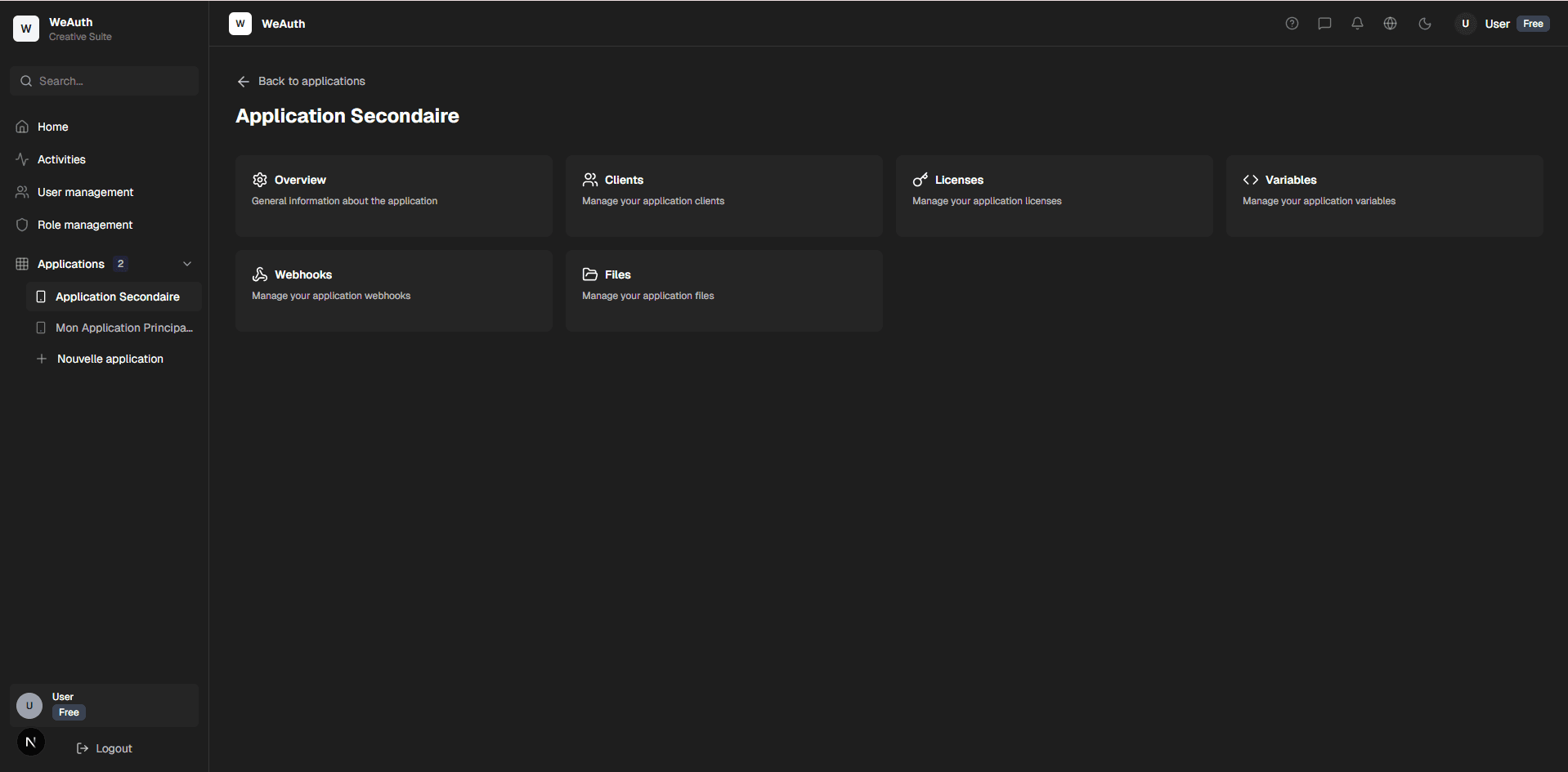 Aperçu du dashboard WeAuth - Interface de gestion d'application